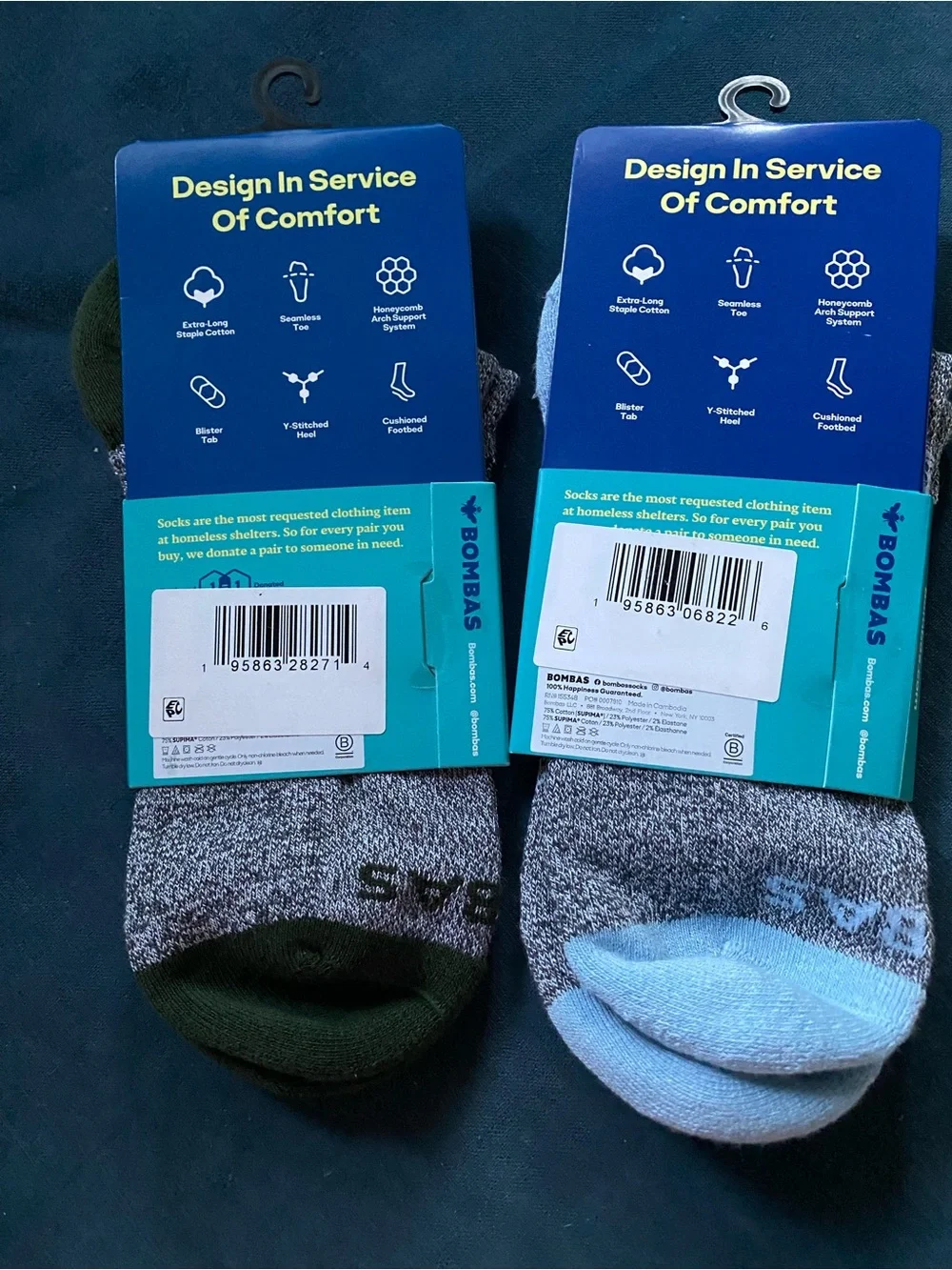 Bombas Core Classic Ankle Socks - Olive & Light Blue (2-pair) NWT Medium